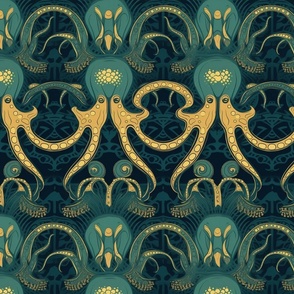 art deco octopus in teal and gold