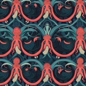 art nouveau octopus in teal and red