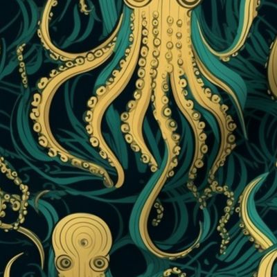 art nouveau octopus in gold and green