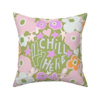 "Chill Here" Amid Whimsical Stars and orange and pink Floral accents