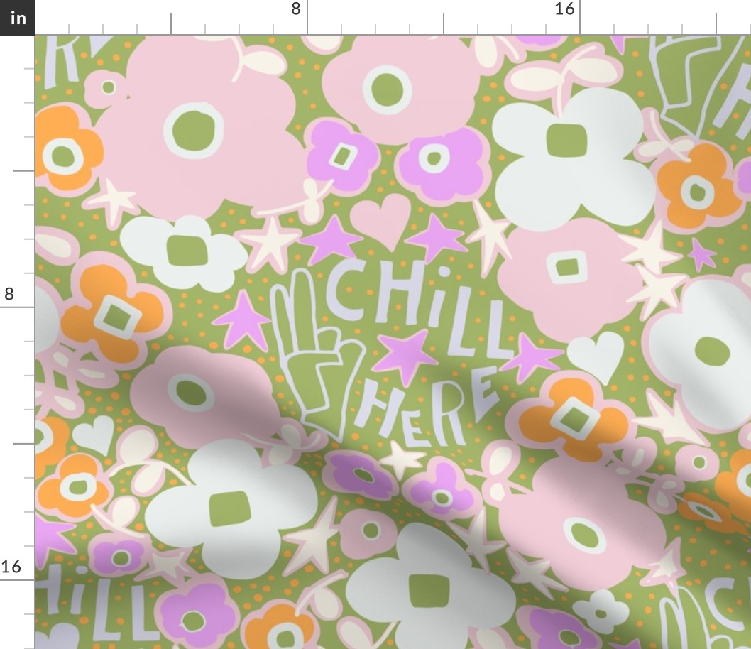 "Chill Here" Amid Whimsical Stars and orange and pink Floral accents