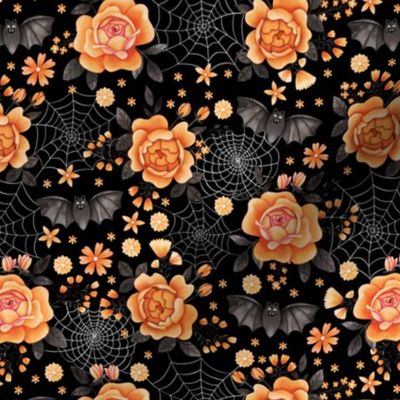 Bats, Spiderwebs and Orange Peony Roses on Black SMALL - Pastel Halloween