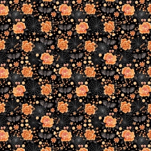 Bats, Spiderwebs and Orange Peony Roses on Black SMALL - Pastel Halloween