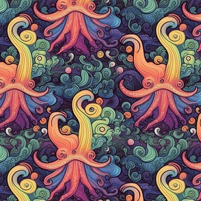 art deco rainbow sea of tentacles and octopus