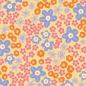 Millefleur Large Scale Floral in fun Pink, Blue, Orange, Yellow  with textured overprint
