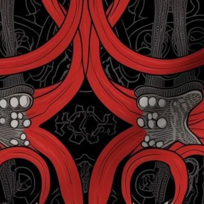 art nouveau red and silver and black tentacles 