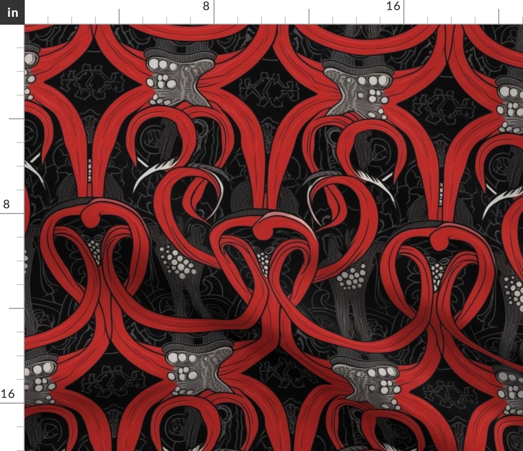 art nouveau red and silver and black tentacles 