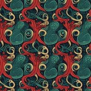 art deco tentacles in teal and red
