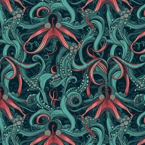 art deco tentacles in teal green and brown black