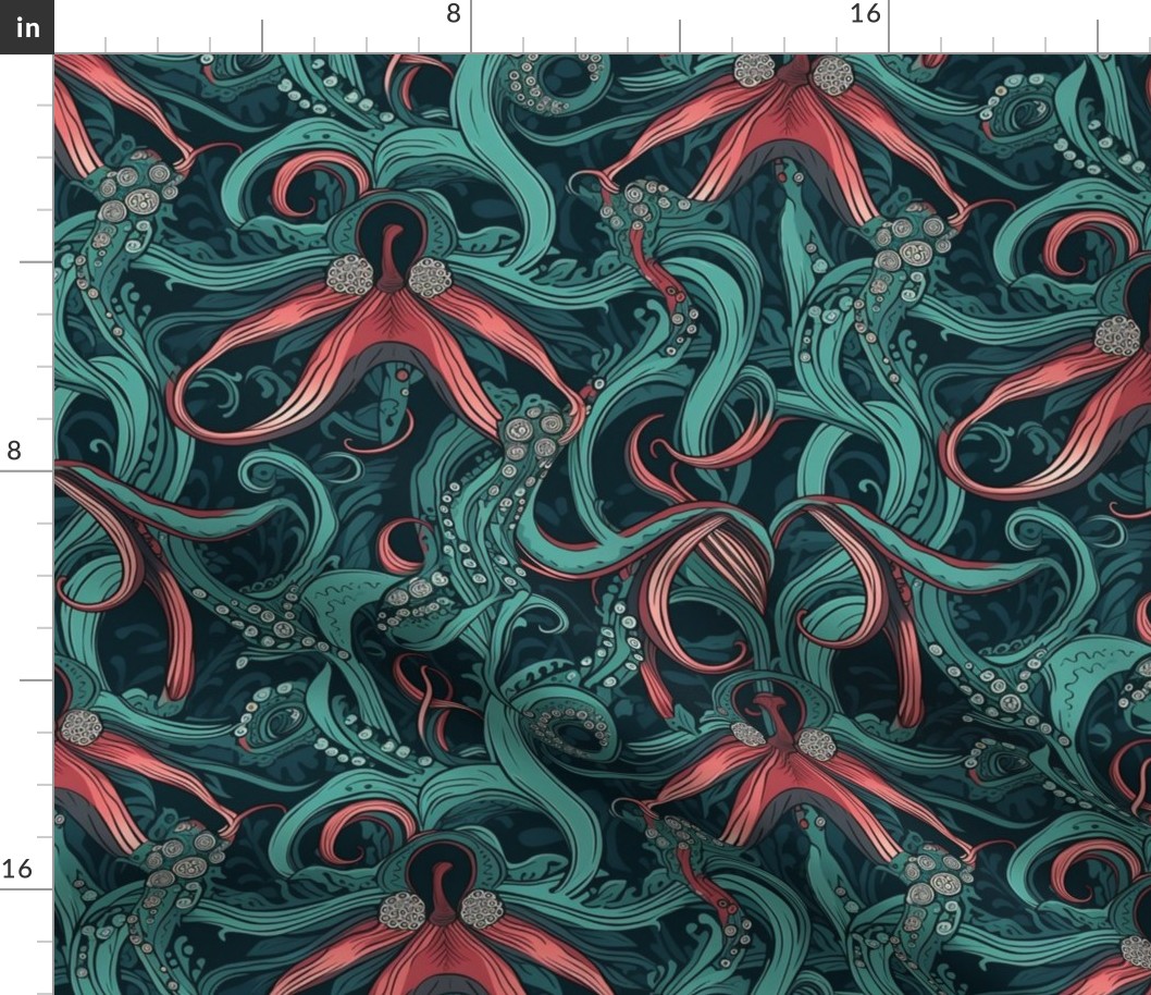 art deco tentacles in teal green and brown black