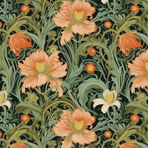 art nouveau floral in peach and green
