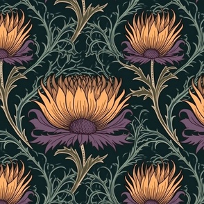 art nouveau orange gold and purple thistles