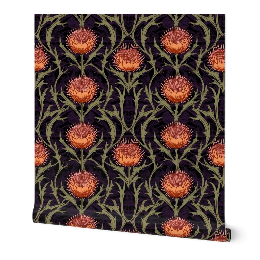 art nouveau red orange thistles with green and black