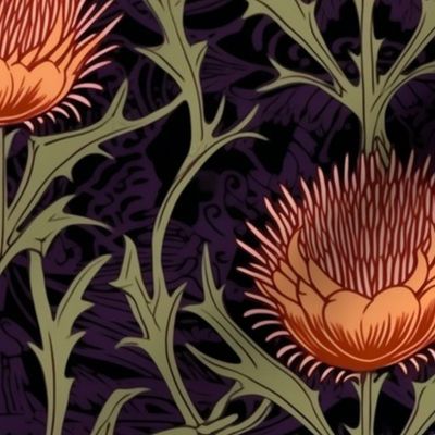 art nouveau red orange thistles with green and black