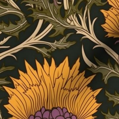 art nouveau orange gold thistles with purple green and black