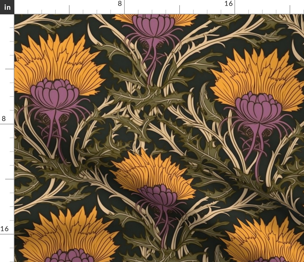 art nouveau orange gold thistles with purple green and black