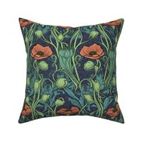 art nouveau red poppies with green and blue