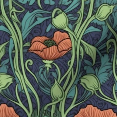 art nouveau red poppies with green and blue