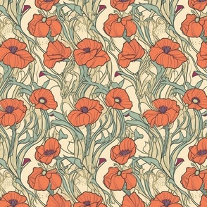 art nouveau red poppies with gold and green