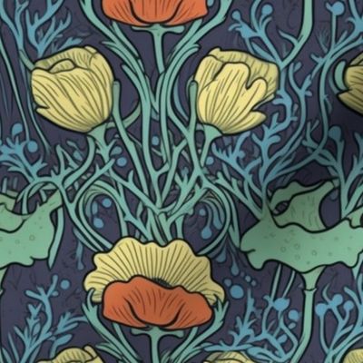 art nouveau poppies in gold red and blue