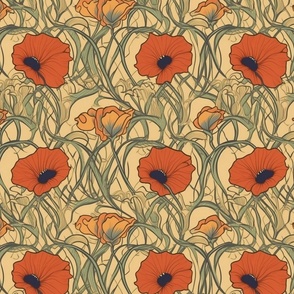 art nouveau poppies in gold red and green
