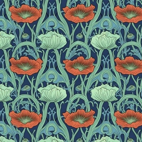 art nouveau poppies in red green and blue