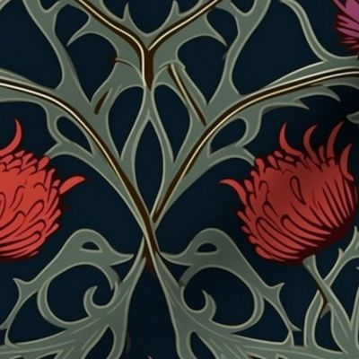 art nouveau thistles in purple and red and gray