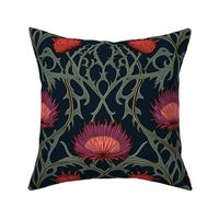 art nouveau thistles in purple and red and gray