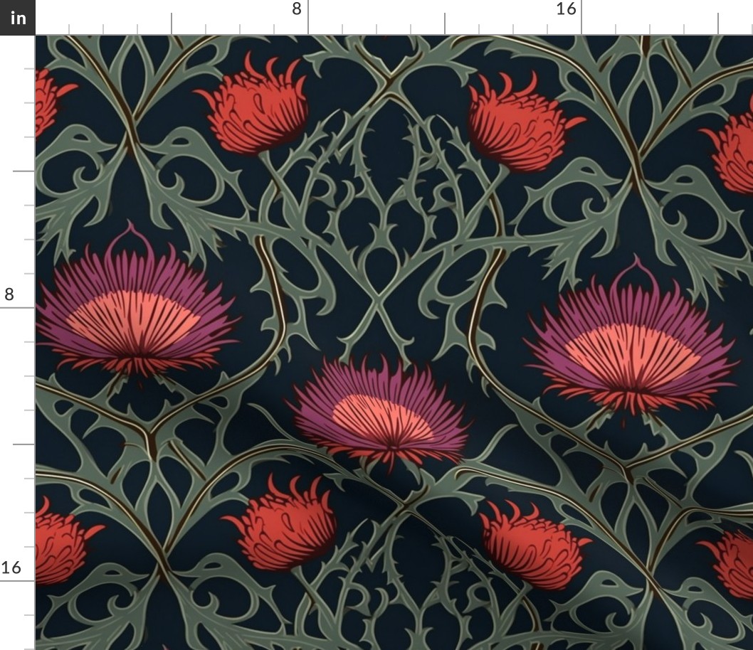 art nouveau thistles in purple and red and gray