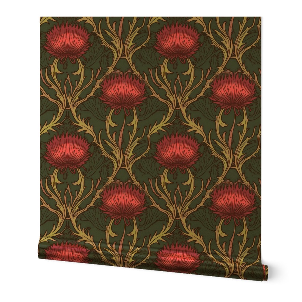 art nouveau thistles in green gray and purple red