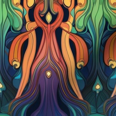 art nouveau squids in rainbow hues