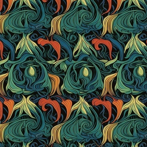 art nouveau abstract squid in green gold and orange