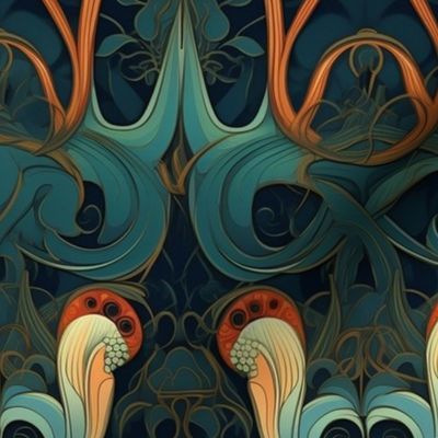 orange teal and green art nouveau squid 