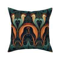 orange teal and green art nouveau squid 