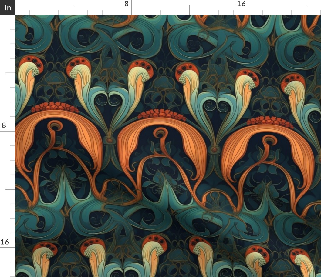 orange teal and green art nouveau squid 