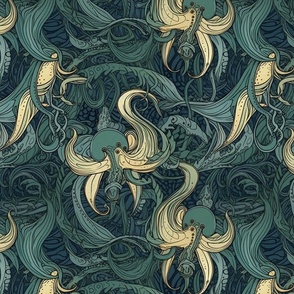 teal green and black art nouveau squid