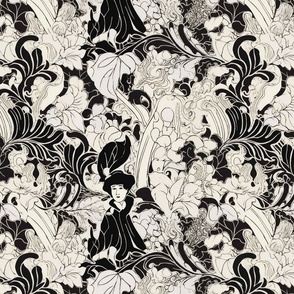 Black and white floral botanical inspired by Aubrey Beardsley