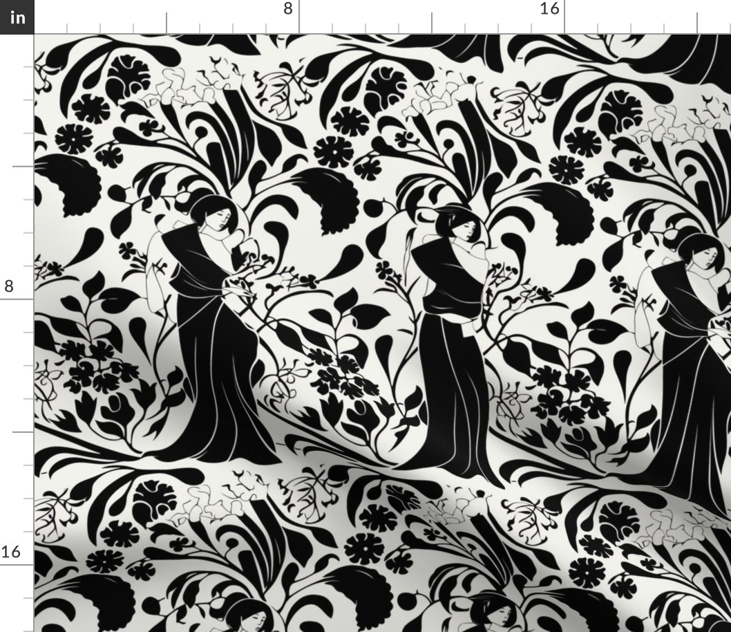 Monochrome floral maiden inspired by Aubrey Beardsley