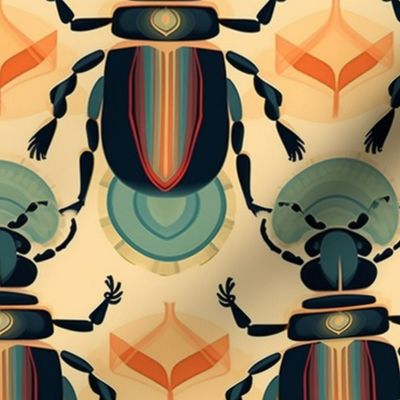 geometric art deco beetles in teal and orange and black