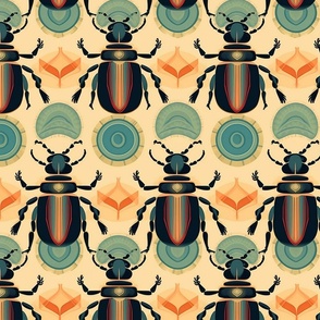 geometric art deco beetles in teal and orange and black