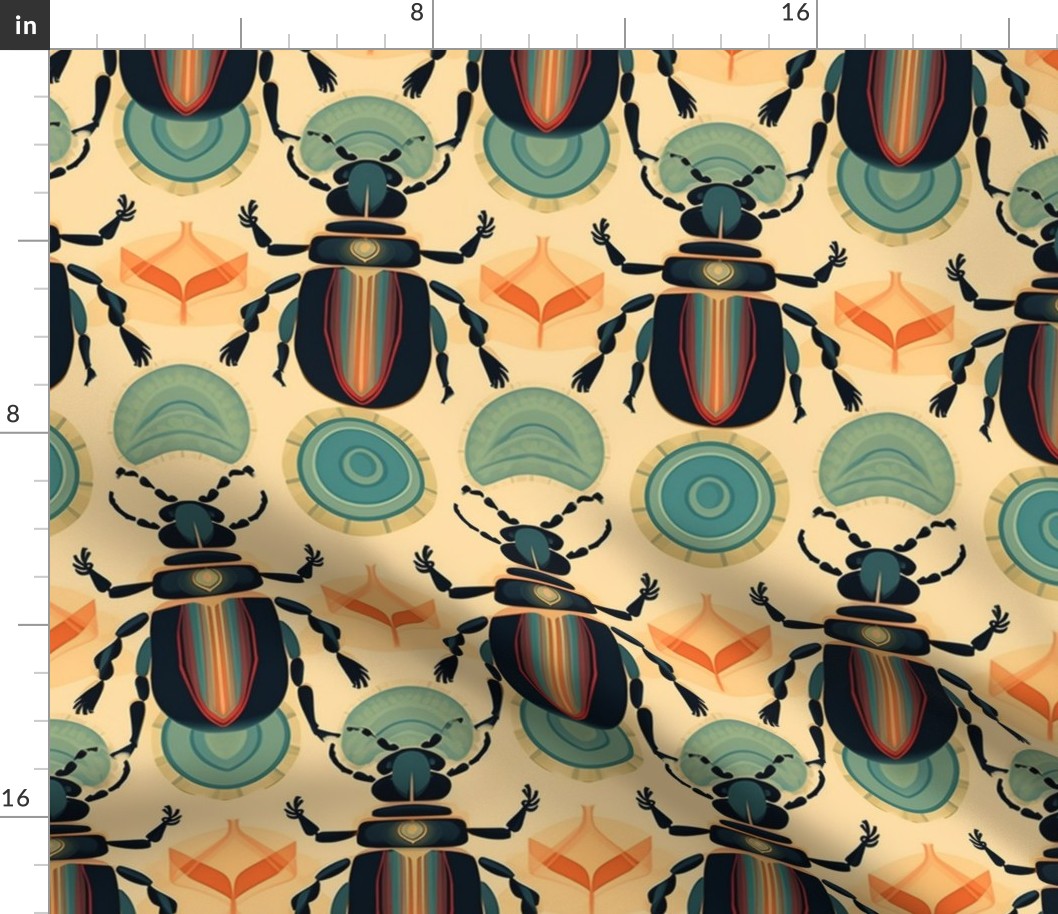 geometric art deco beetles in teal and orange and black