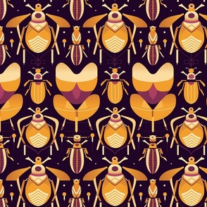 geometric art deco beetles in purple gold and black