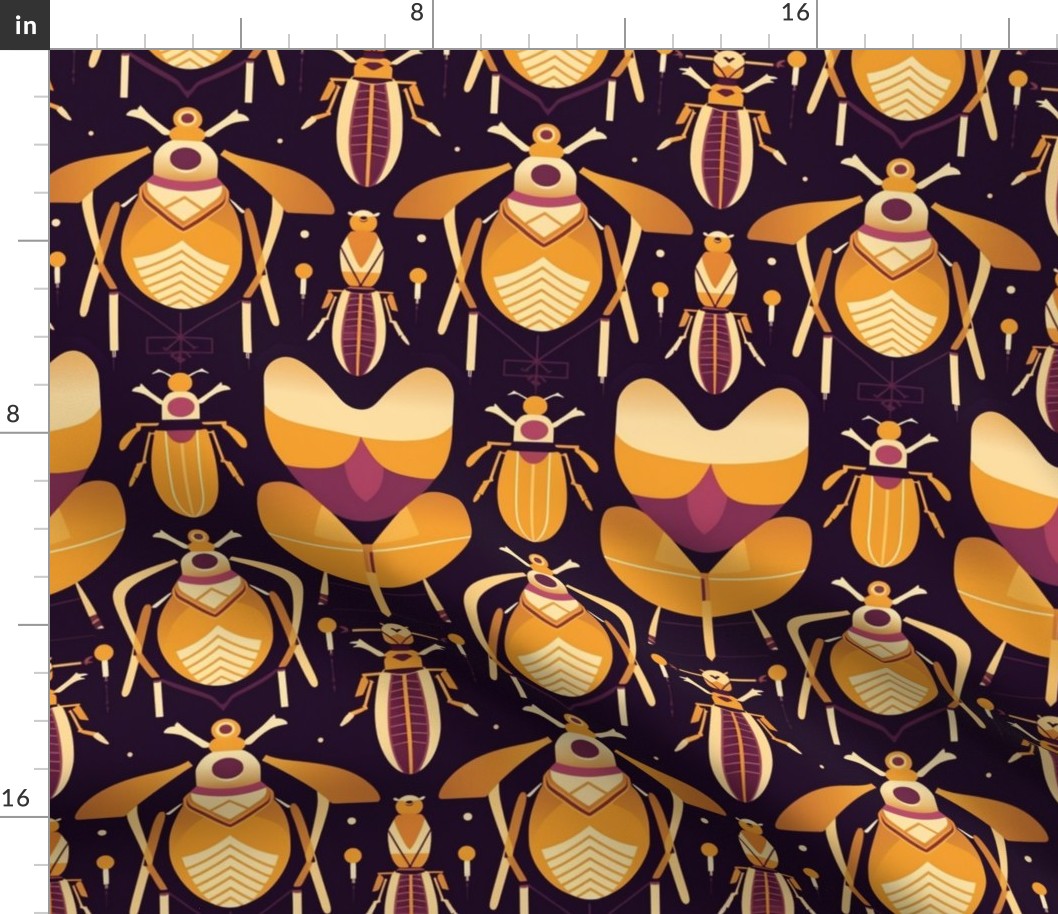 geometric art deco beetles in purple gold and black