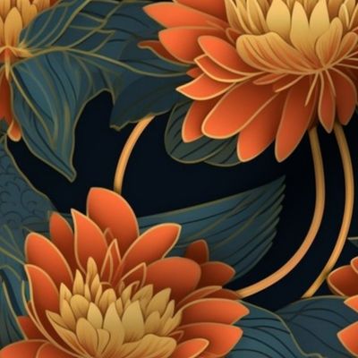 geometric art deco dahlias in red orange gold and gray black