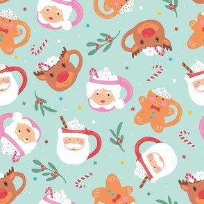 Small / Christmas Mugs, Santa, Mrs Claus, Gingerbread Man & Rudolf the Reindeer on Mint Green