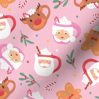 Small / Christmas Mugs, Santa, Mrs Claus, Gingerbread Man & Rudolf the Reindeer on Pink