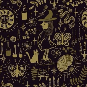 Whimsigothic Wallpaper - Gold on Black - Boho Midnight Witch and Spells (Small)