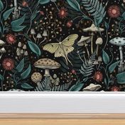 Luna moth starlight mushrooms magical woodland forest with flowers and ferns, large scale