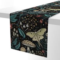 Luna moth starlight mushrooms magical woodland forest with flowers and ferns, large scale