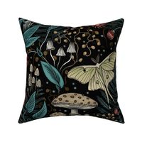 Luna moth starlight mushrooms magical woodland forest with flowers and ferns, large scale